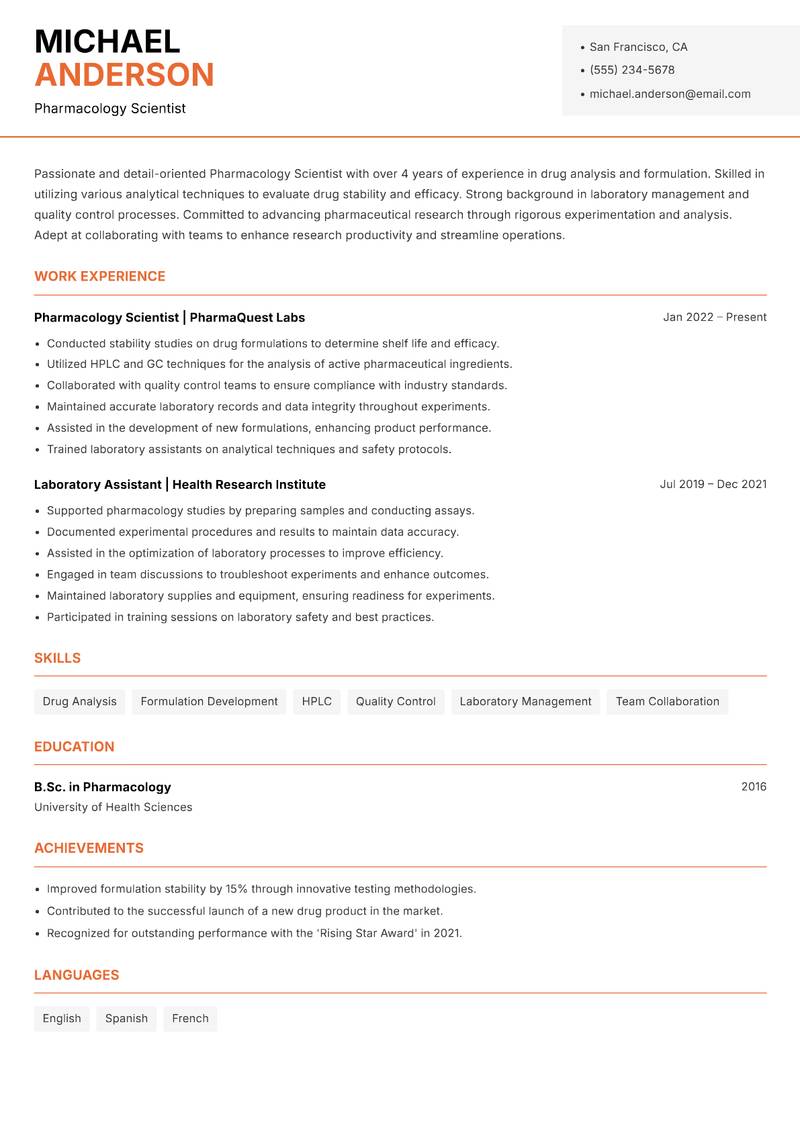 Pharmacology Scientist Resume Template