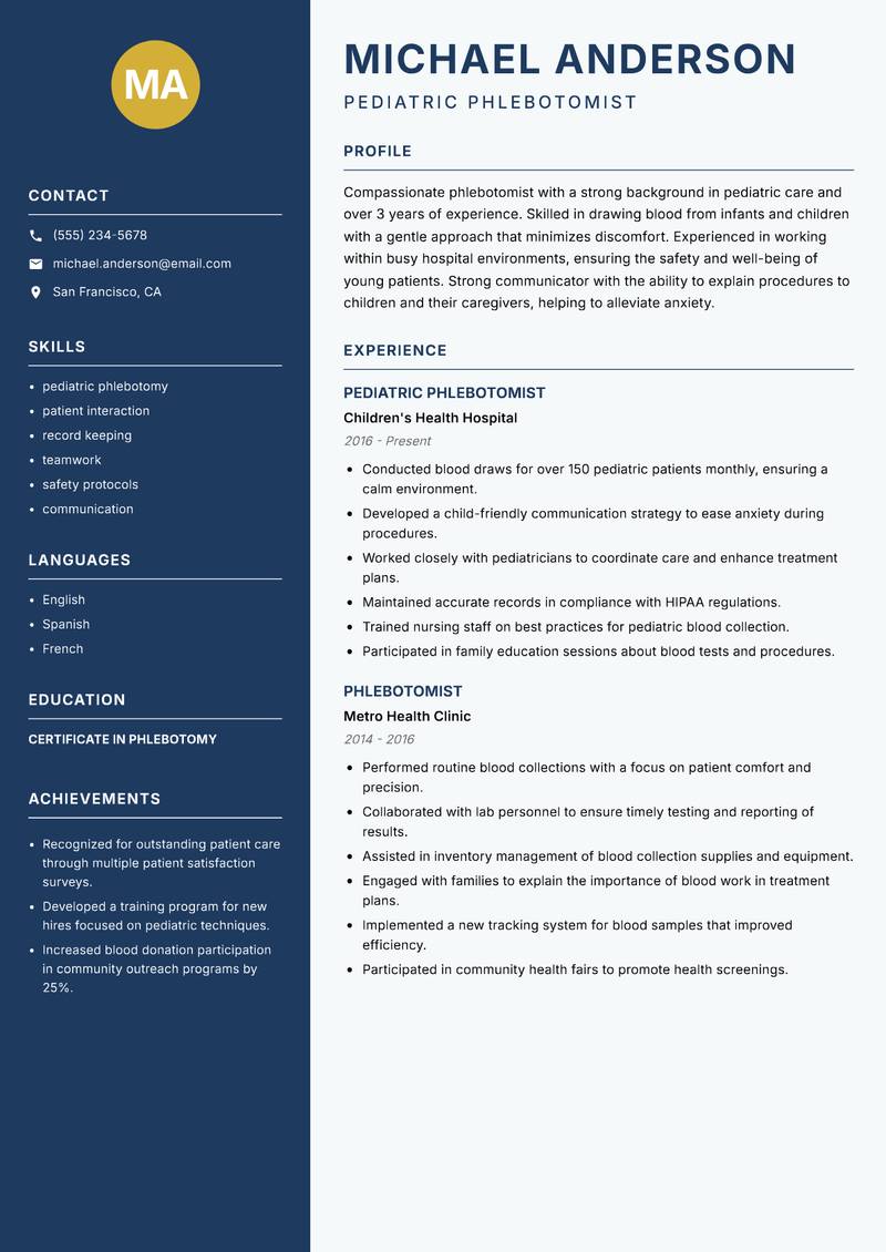 Phlebotomist Resume Preview Example