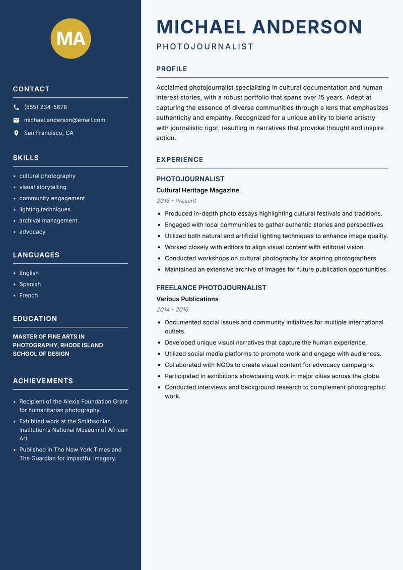 Photojournalist Resume Preview Example