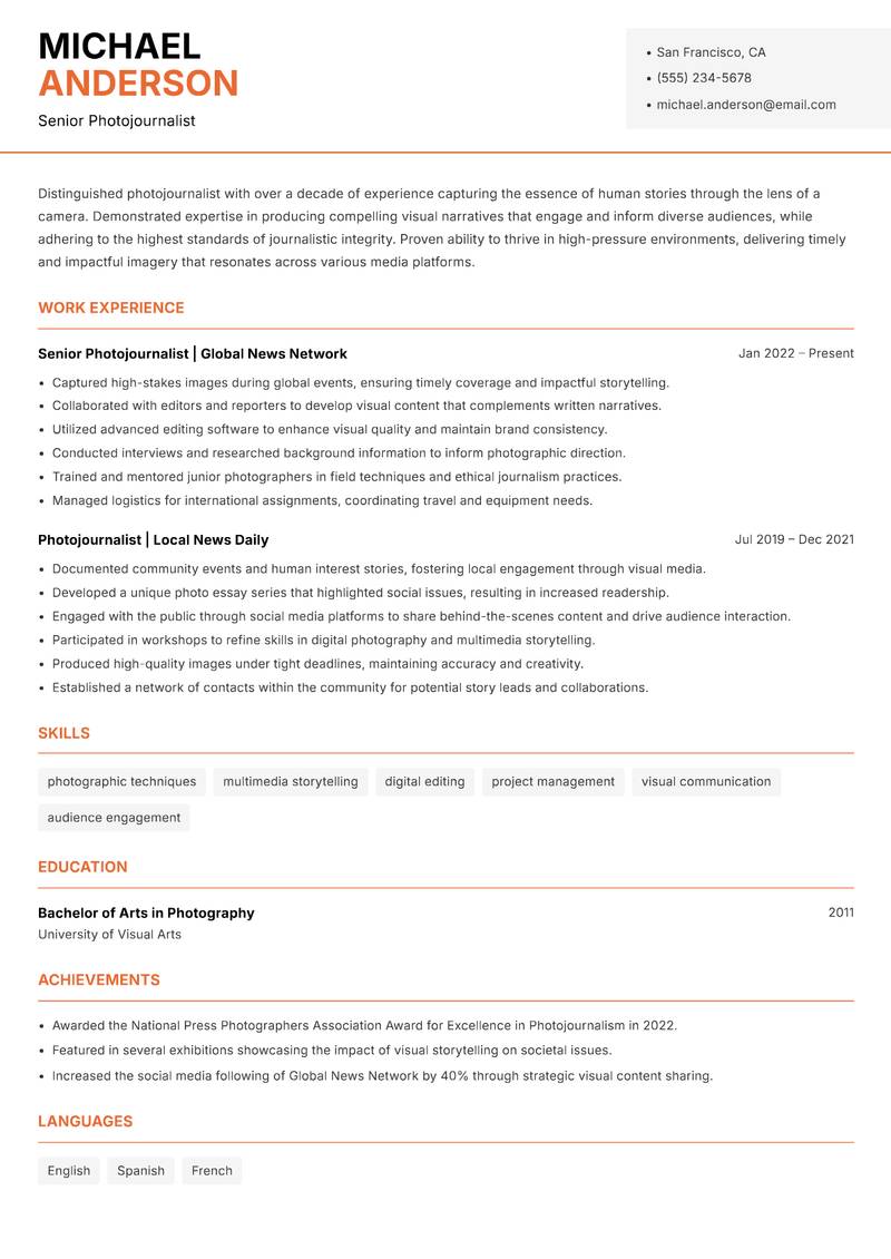 Photojournalist Resume Template