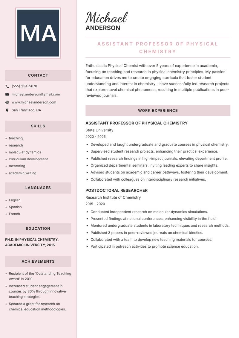Physical Chemist Resume Preview Example