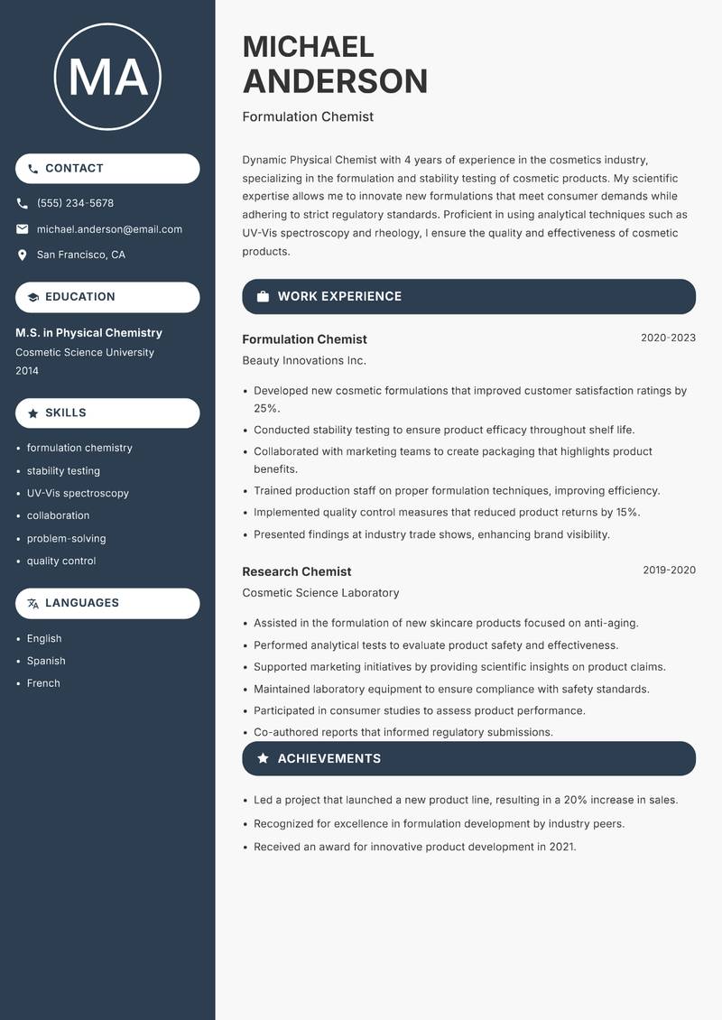 Physical Chemist Resume Preview Example