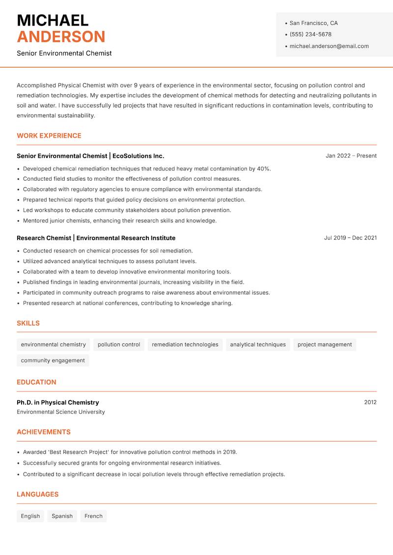 Physical Chemist Resume Template