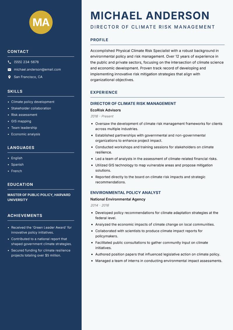 Physical Climate Risk Specialist Resume Preview Example