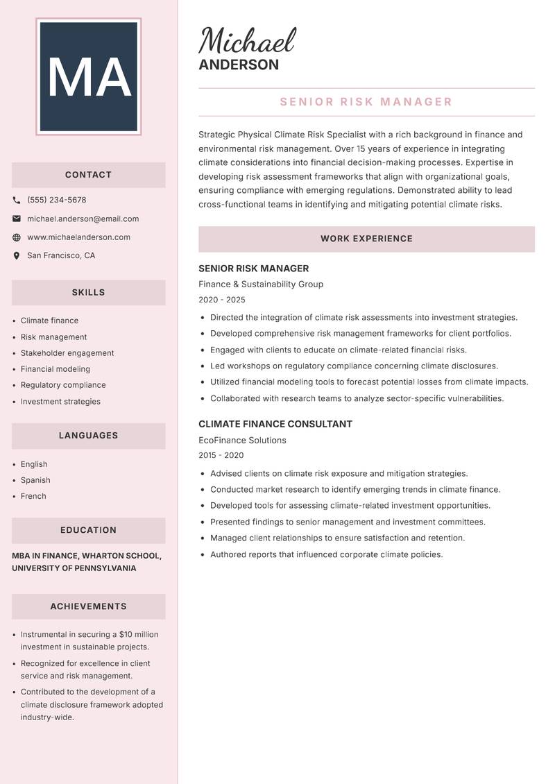 Physical Climate Risk Specialist Resume Preview Example