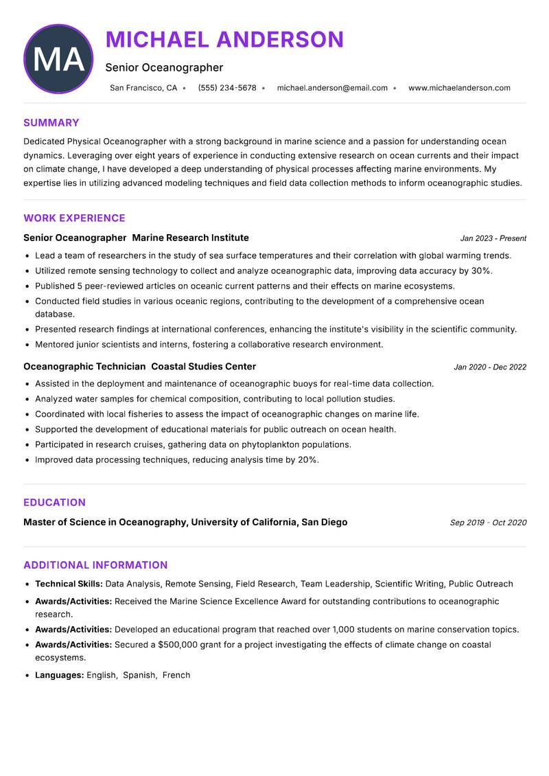 Physical Oceanographer Resume Preview Example