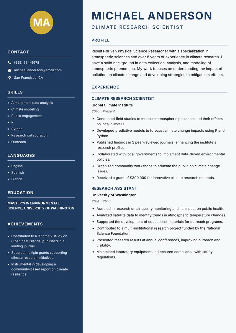 Physical Science Researcher Resume Preview Example