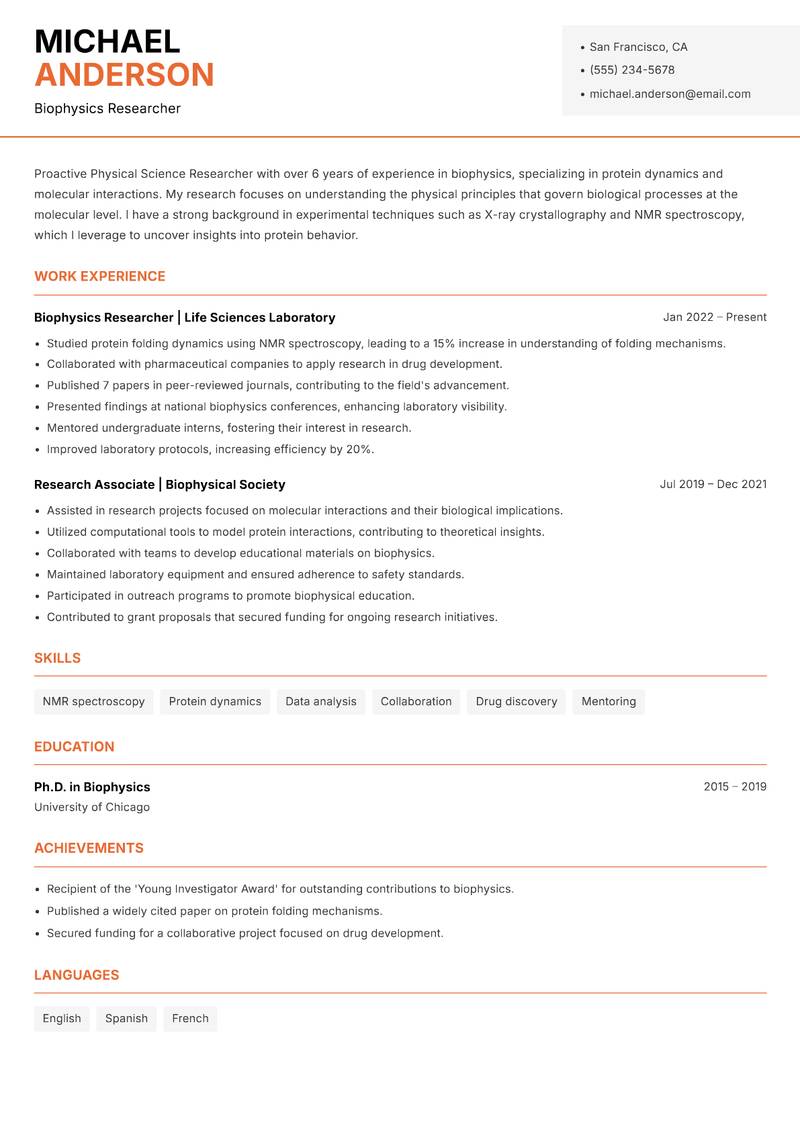 Physical Science Researcher Resume Template