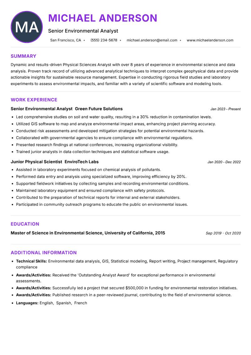 Physical Sciences Analyst Resume Preview Example