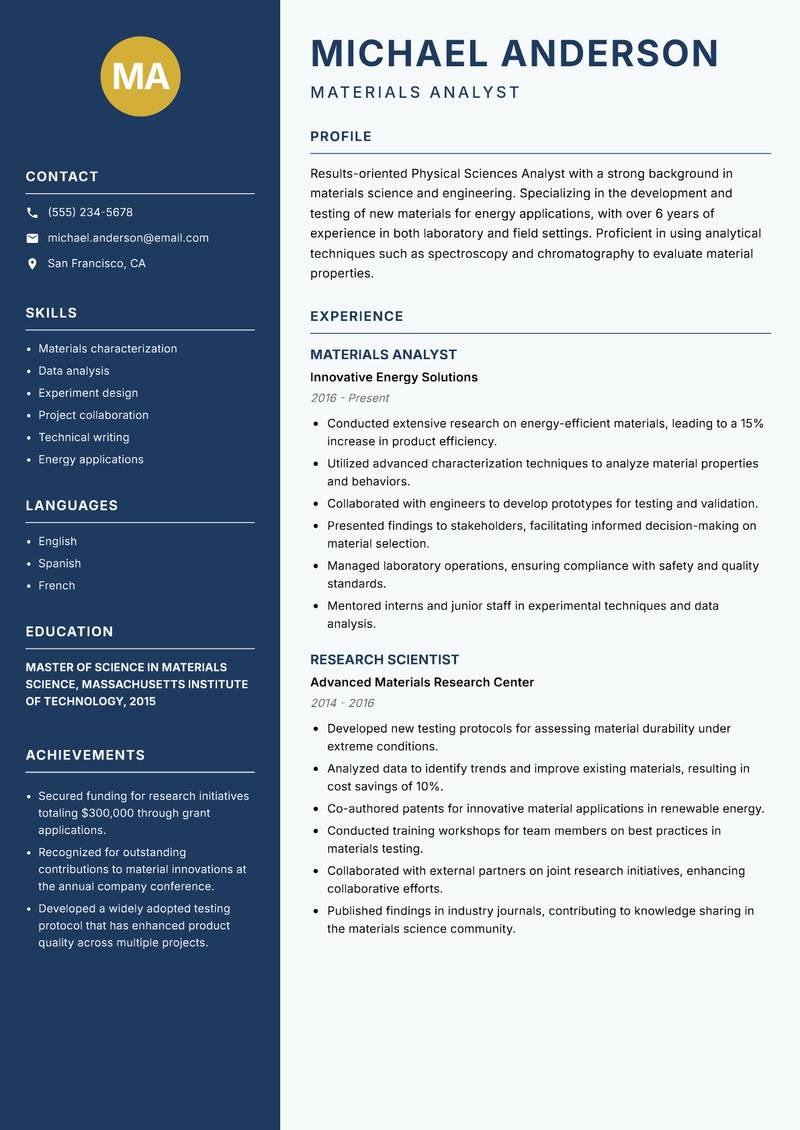Physical Sciences Analyst Resume Preview Example
