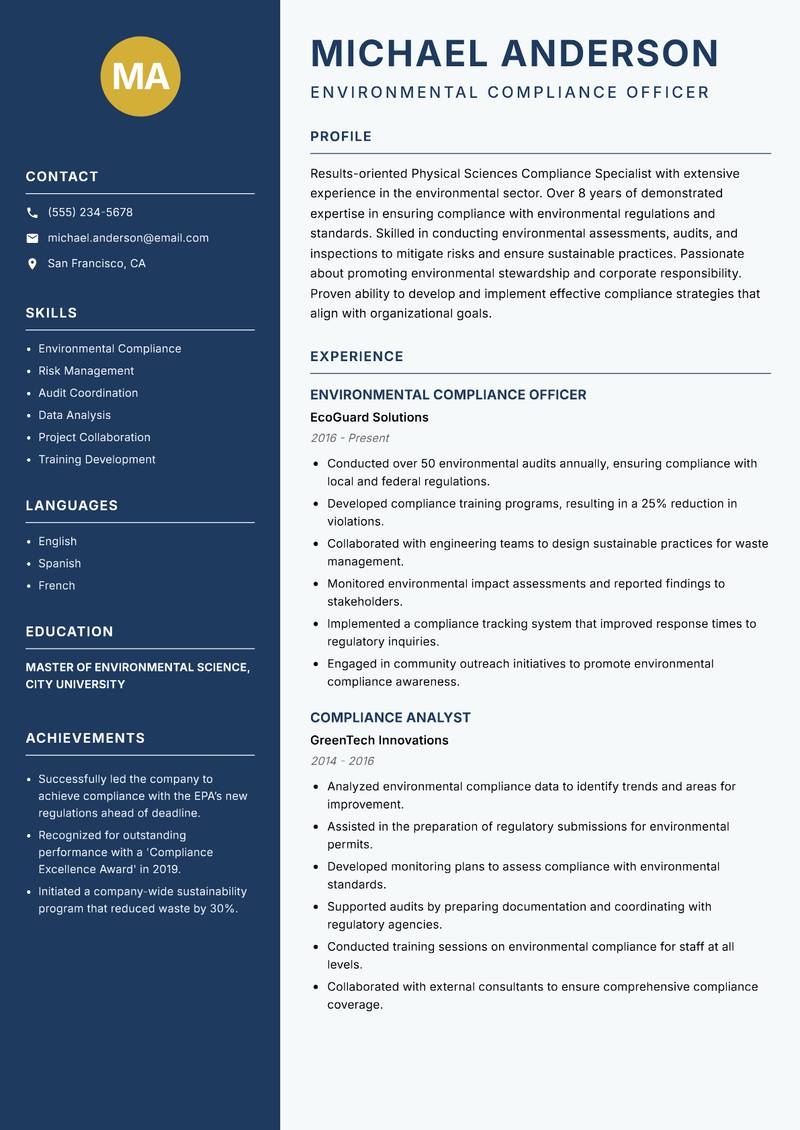 Physical Sciences Compliance Specialist Resume Preview Example