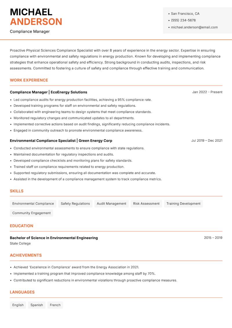 Physical Sciences Compliance Specialist Resume Template