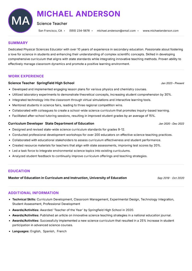 Physical Sciences Educator Resume Preview Example