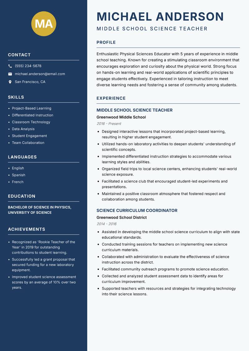 Physical Sciences Educator Resume Preview Example