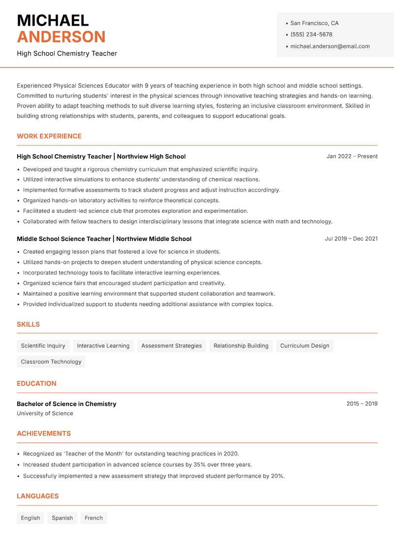 Physical Sciences Educator Resume Template