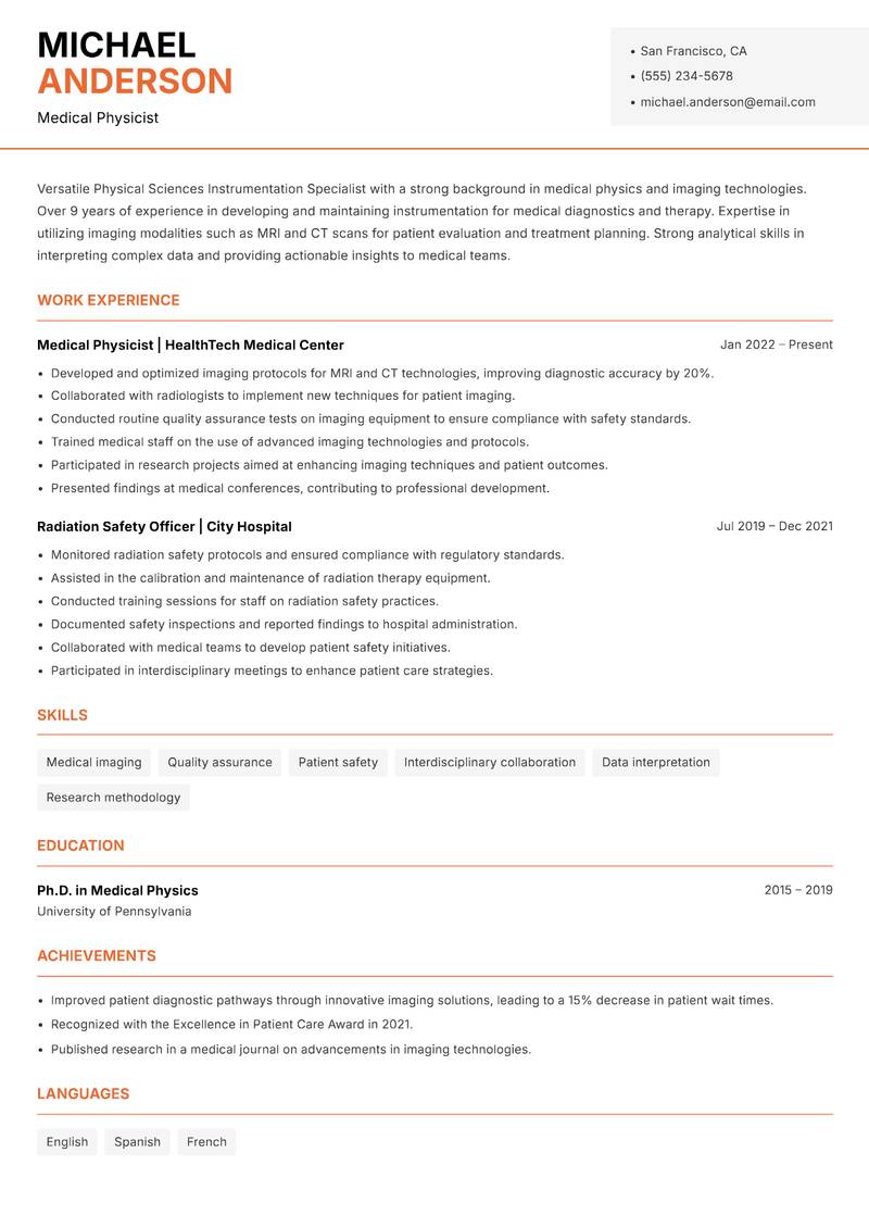 Physical Sciences Instrumentation Specialist Resume Template
