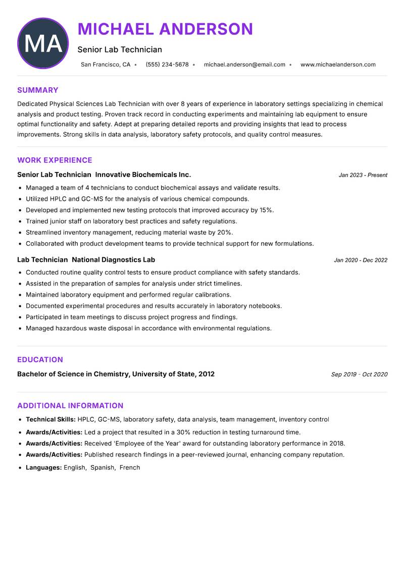 Physical Sciences Lab Technician Resume Preview Example
