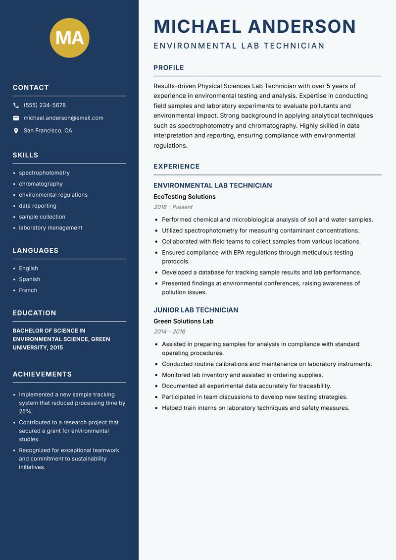Physical Sciences Lab Technician Resume Preview Example