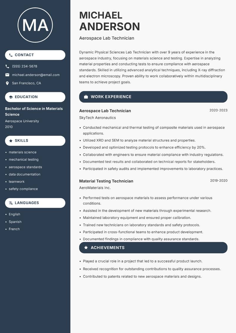 Physical Sciences Lab Technician Resume Preview Example