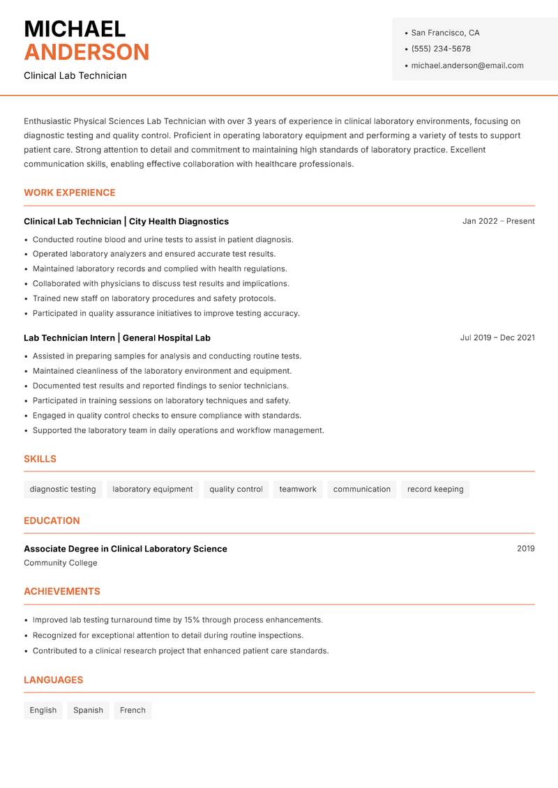 Physical Sciences Lab Technician Resume Template