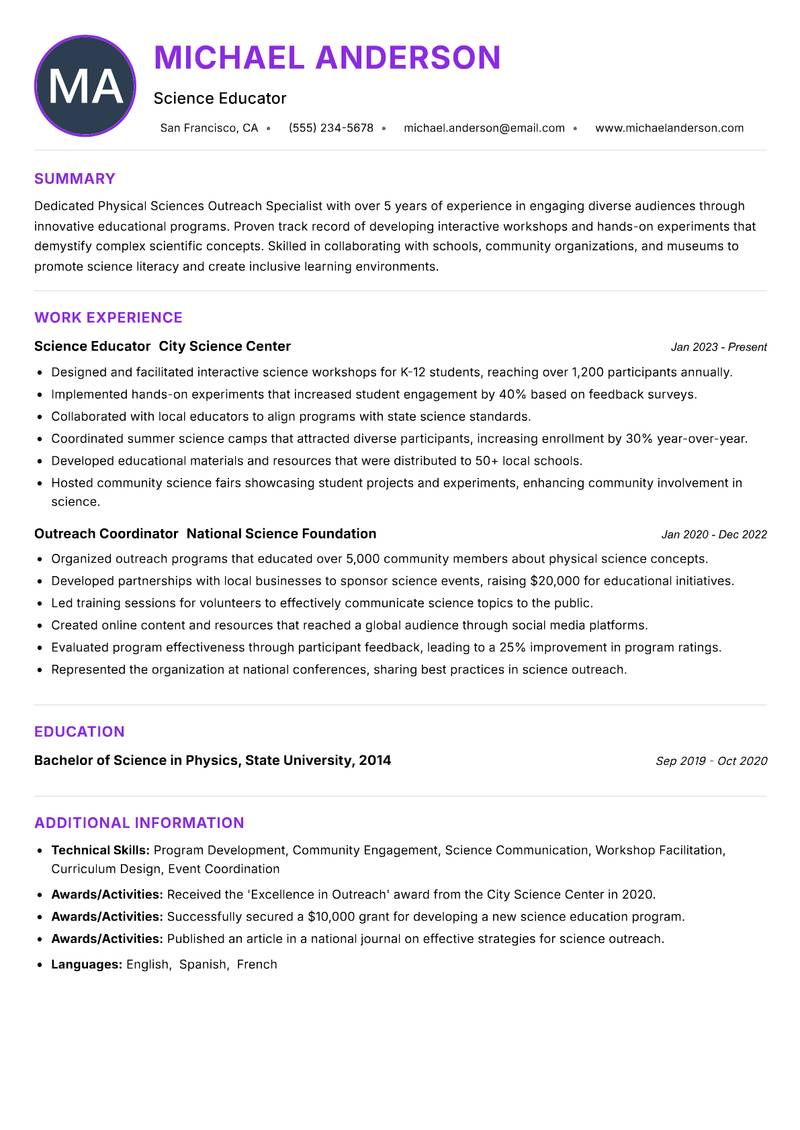Physical Sciences Outreach Specialist Resume Preview Example