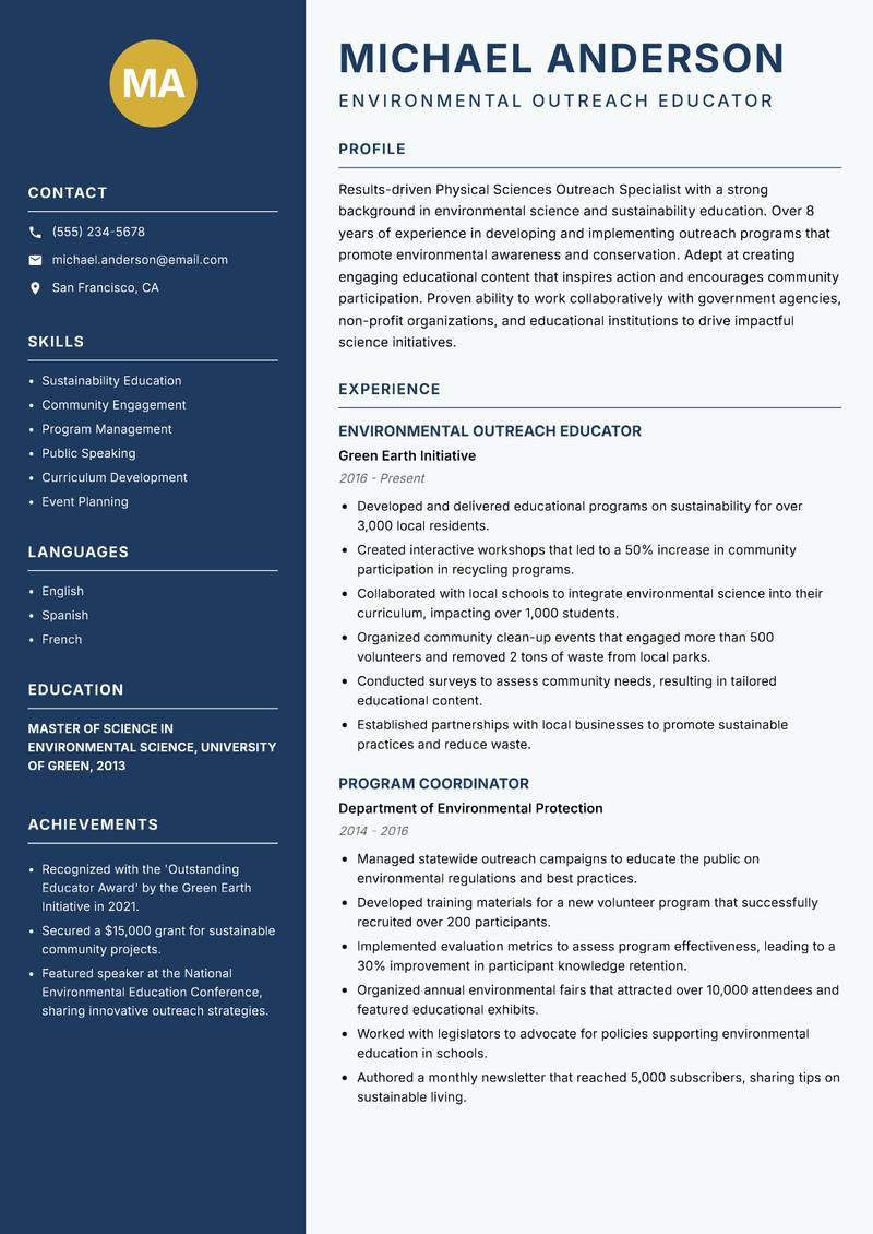 Physical Sciences Outreach Specialist Resume Preview Example