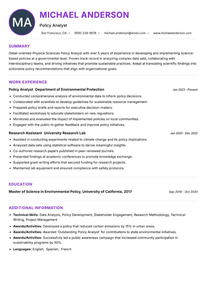 Physical Sciences Policy Analyst Resume Preview Example