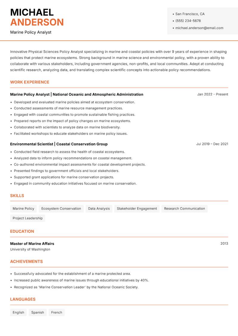 Physical Sciences Policy Analyst Resume Template
