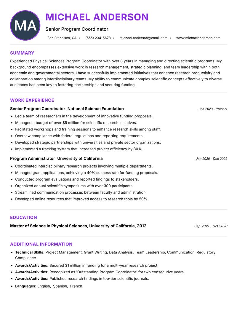 Physical Sciences Program Coordinator Resume Preview Example