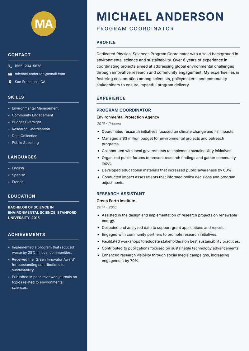 Physical Sciences Program Coordinator Resume Preview Example