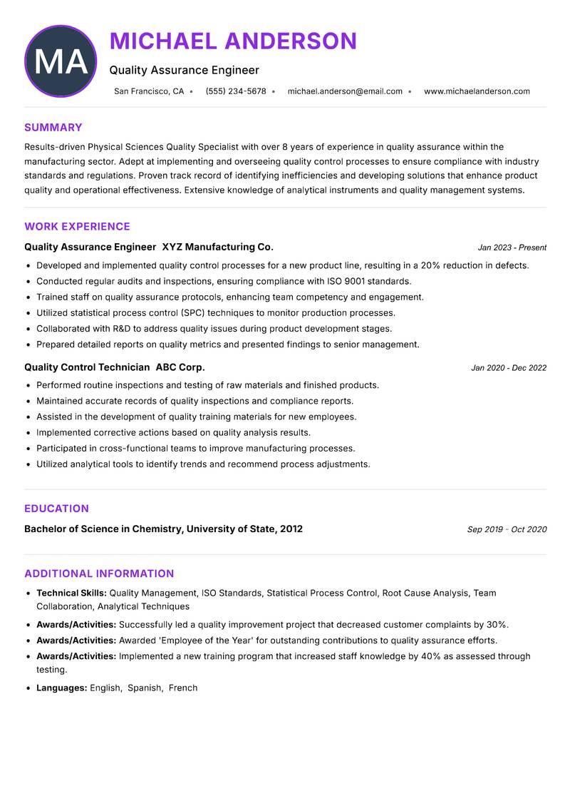 Physical Sciences Quality Specialist Resume Preview Example