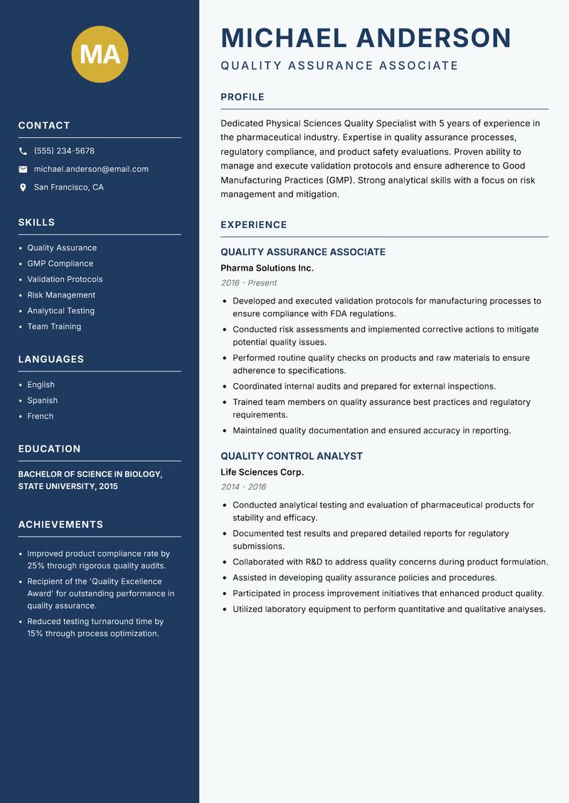 Physical Sciences Quality Specialist Resume Preview Example
