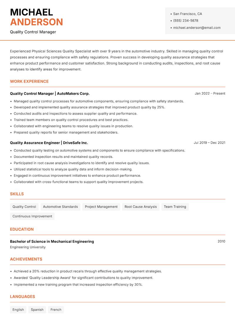Physical Sciences Quality Specialist Resume Template