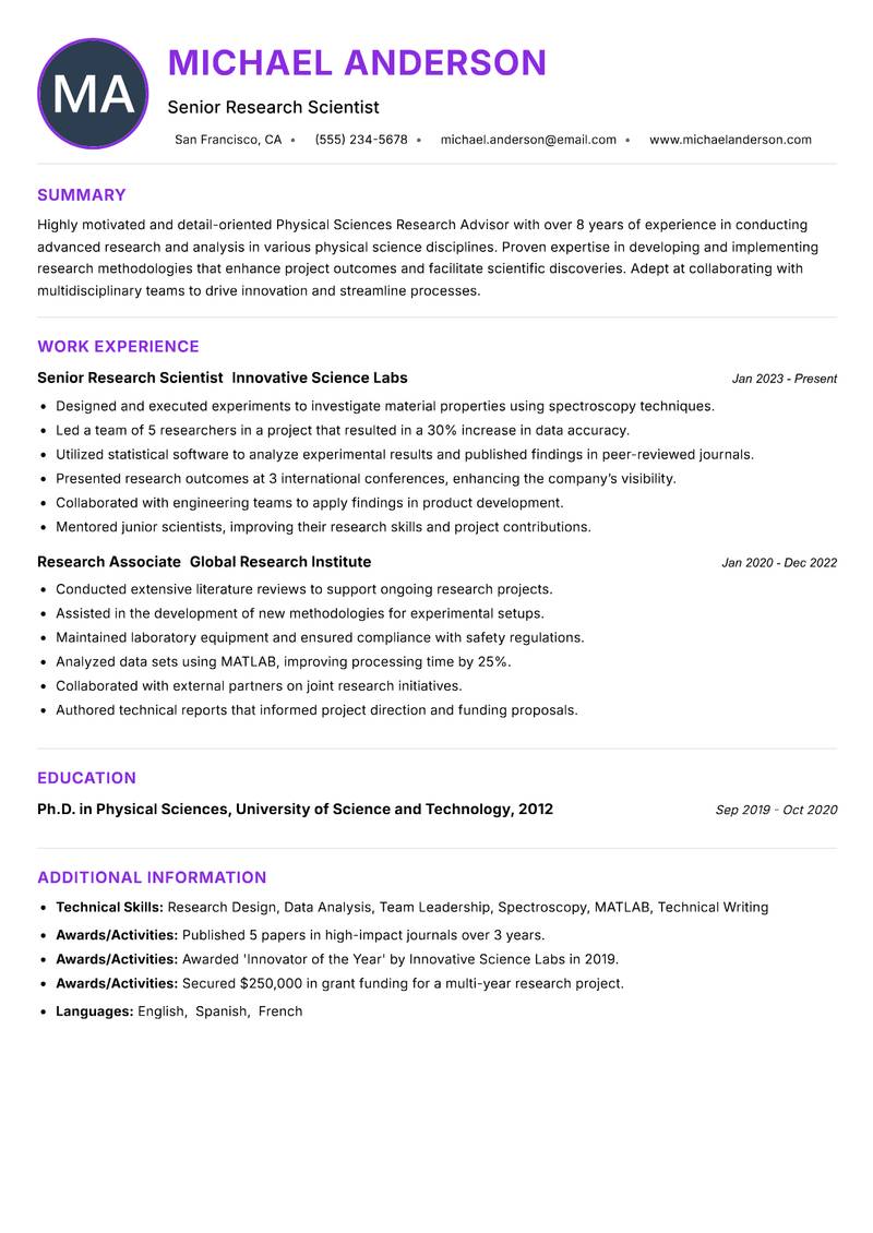 Physical Sciences Research Advisor Resume Preview Example