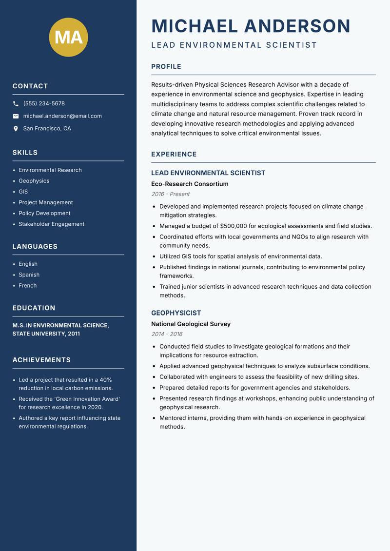 Physical Sciences Research Advisor Resume Preview Example