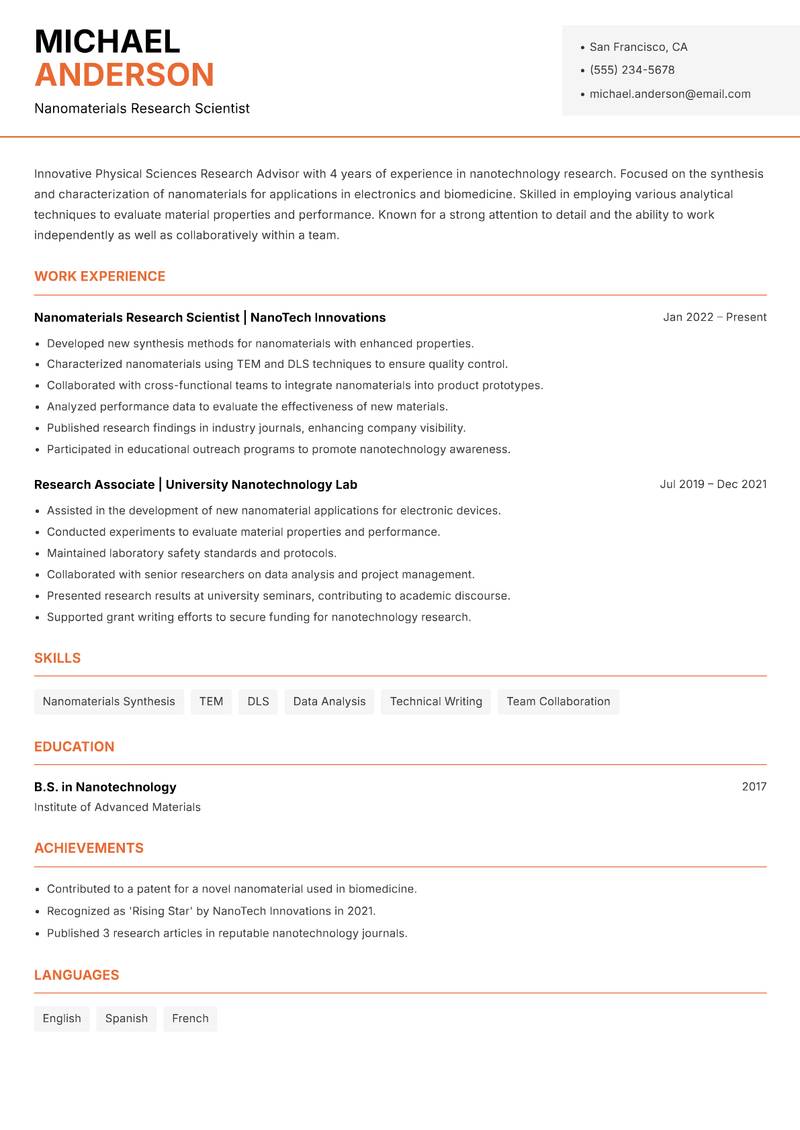 Physical Sciences Research Advisor Resume Template