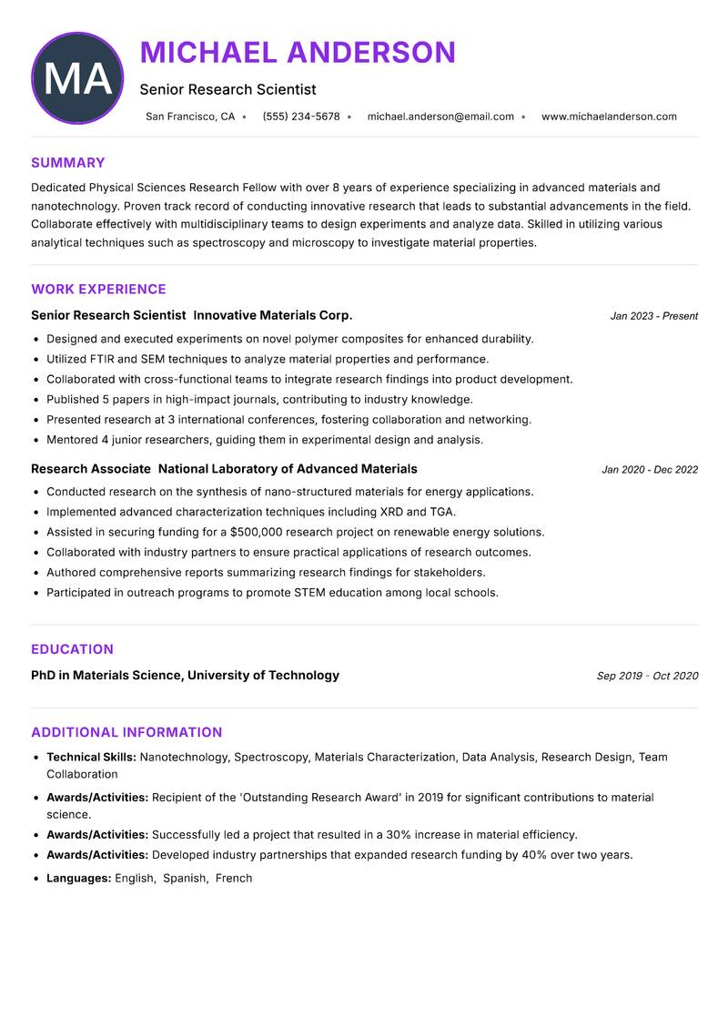 Physical Sciences Research Fellow Resume Preview Example