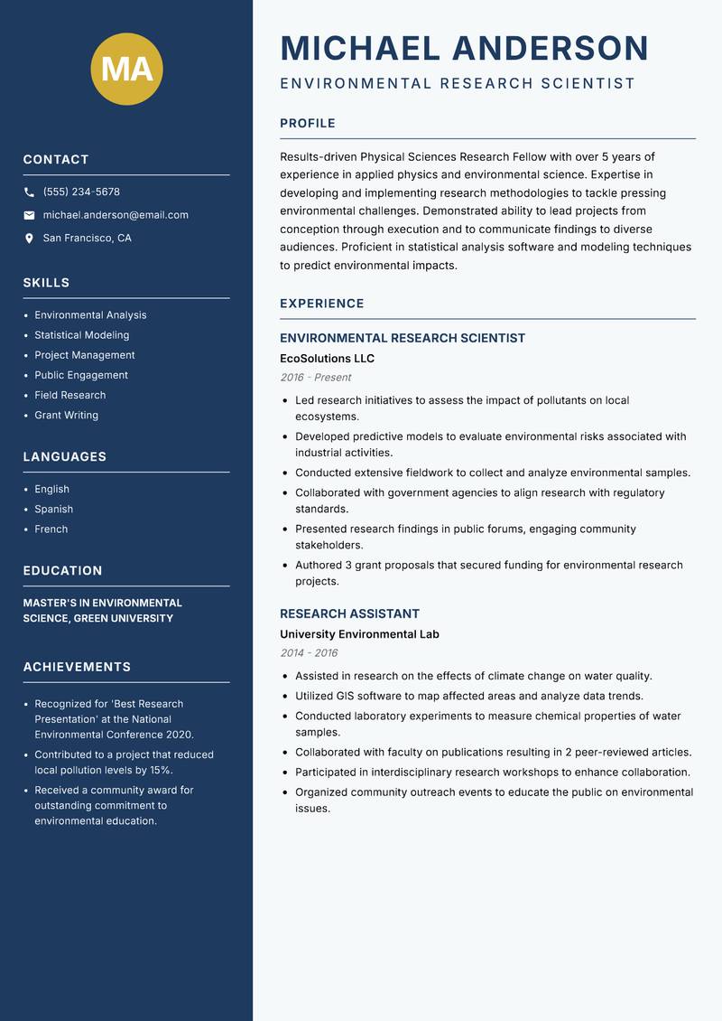 Physical Sciences Research Fellow Resume Preview Example