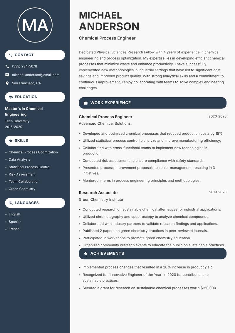Physical Sciences Research Fellow Resume Preview Example