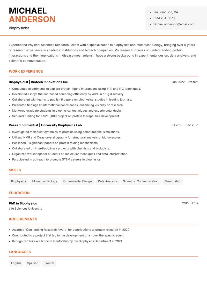 Physical Sciences Research Fellow Resume Template