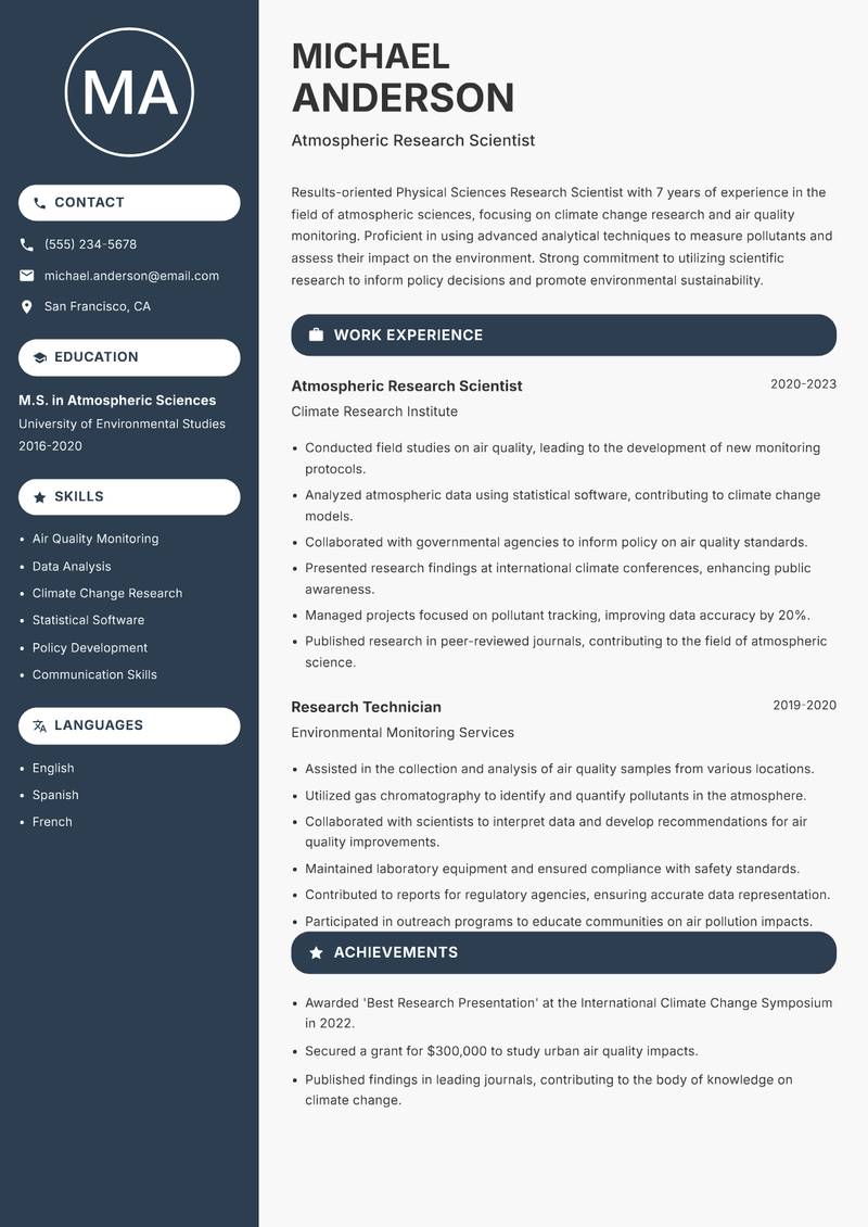 Physical Sciences Research Scientist Resume Preview Example
