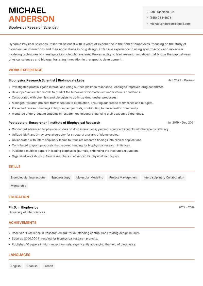 Physical Sciences Research Scientist Resume Template