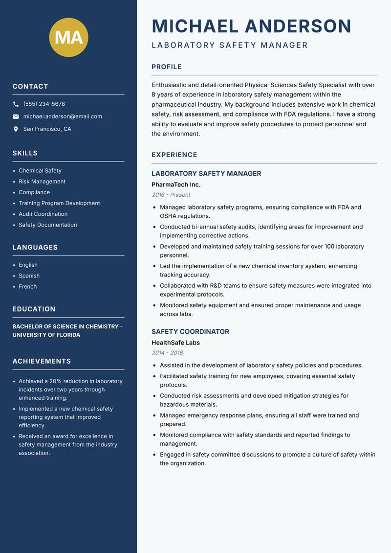 Physical Sciences Safety Specialist Resume Preview Example