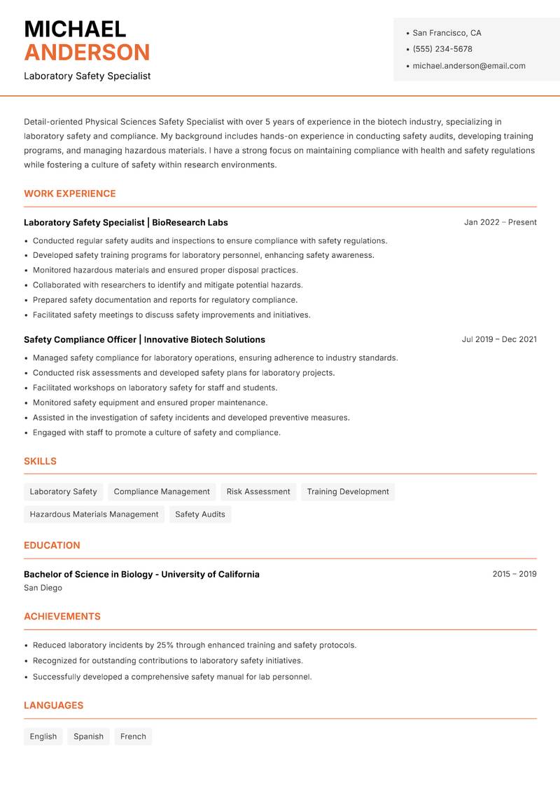 Physical Sciences Safety Specialist Resume Template