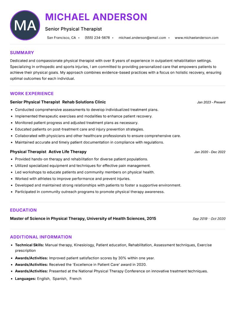 Physical Therapist Resume Preview Example