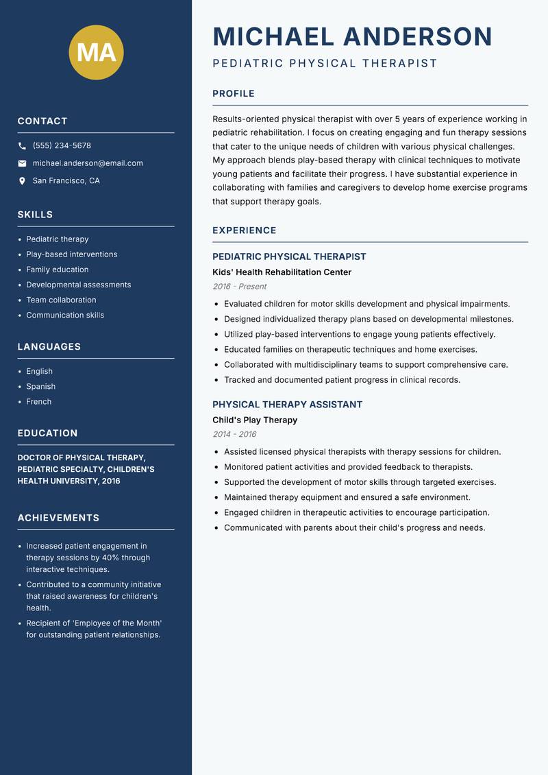 Physical Therapist Resume Preview Example