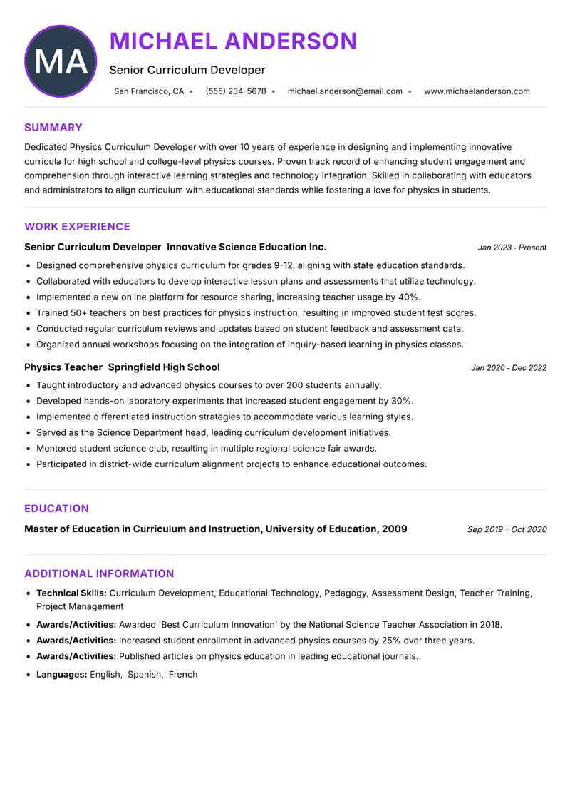 Physics Curriculum Developer Resume Preview Example