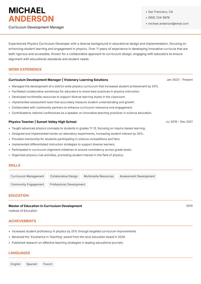 Physics Curriculum Developer Resume Template