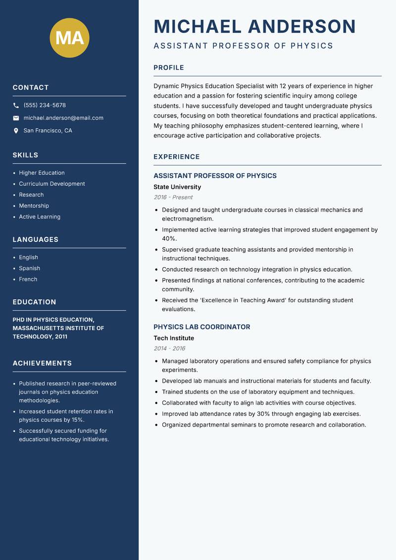 Physics Education Specialist Resume Preview Example
