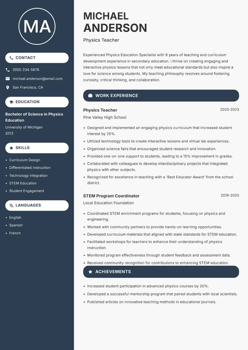 Physics Education Specialist Resume Preview Example